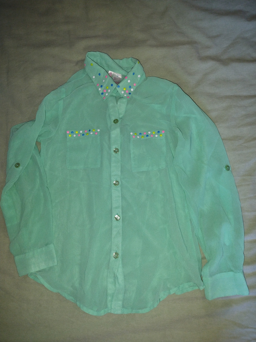 Japna Mint Green Button-Up Blouse with Multicolor Studs